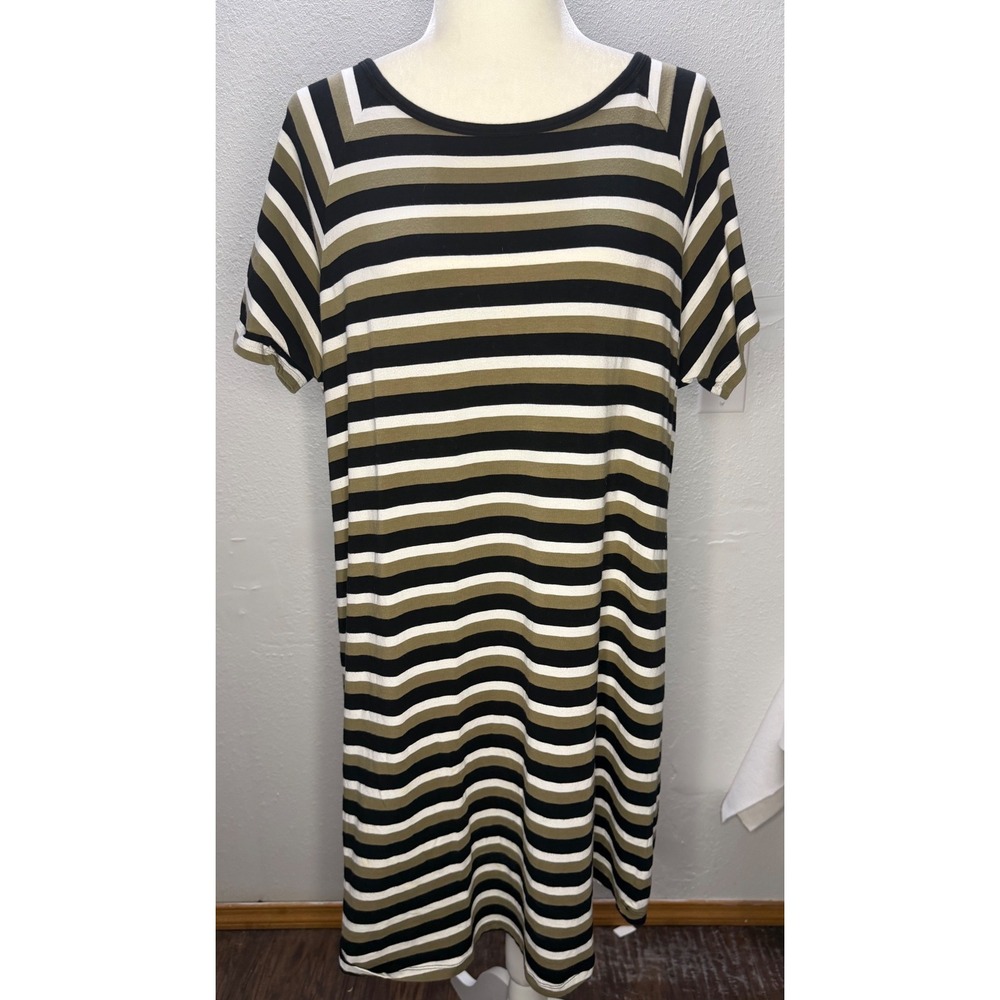Michael Kors Women 1X Striped T-Shirt Dress Black Olive Green Midi Designer‎